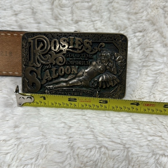 Rosie's Good Time Emporium & Saloon Brass Buckle & JUSTIN Tooled Leather BELT 36 - Picture 3 of 8